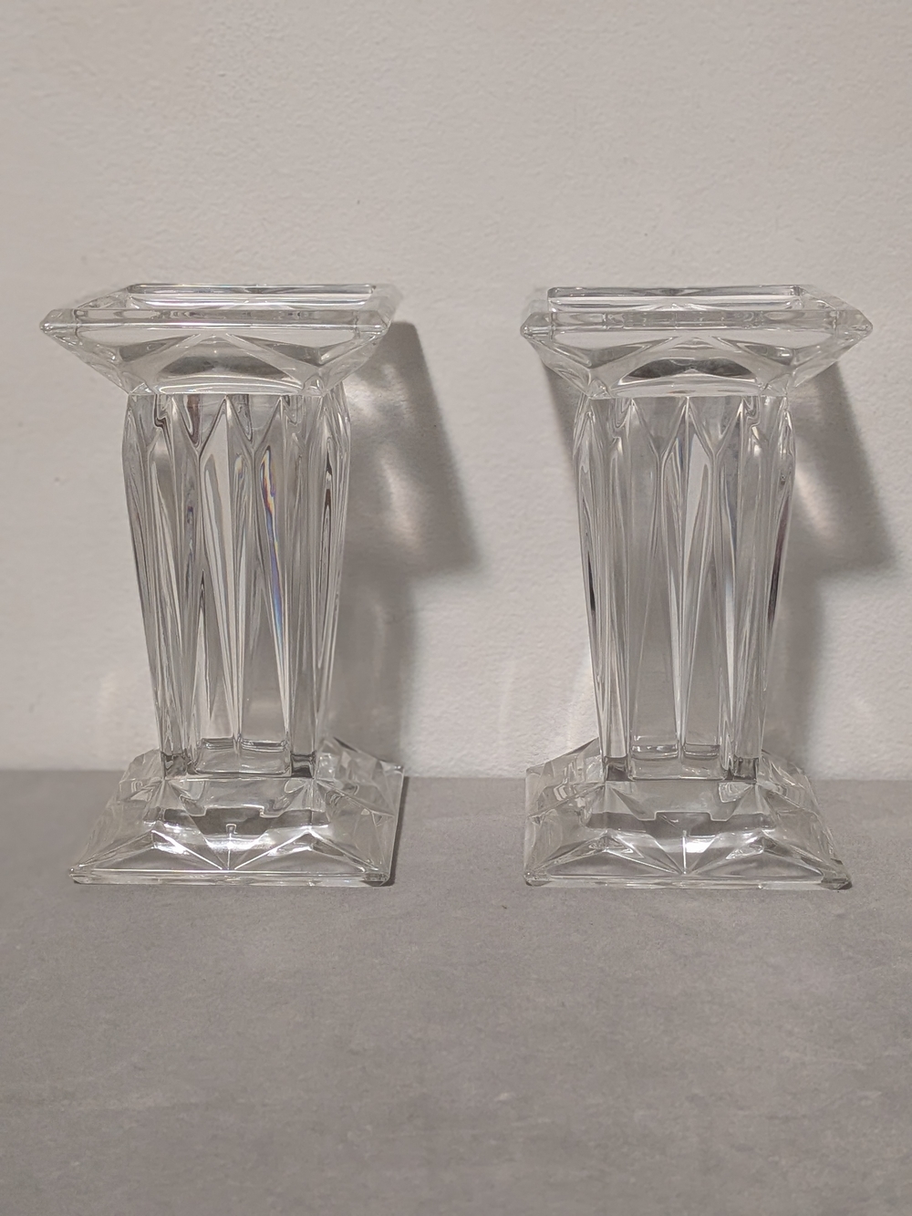 Partylite Quad Prism Art Deco Style Crystal Pillar Candle Holder/Vase Set Of 2